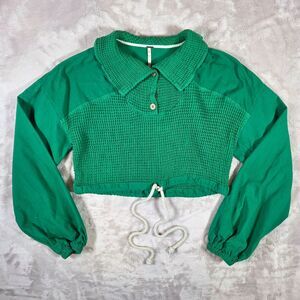 Free People Kennedy Waffle Knit Cropped Pullover Size XS Kelly Green Cottagecore